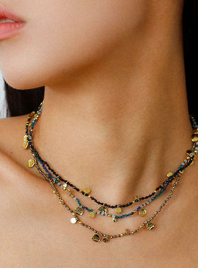 小众复古锤纹金币天然石串珠项链