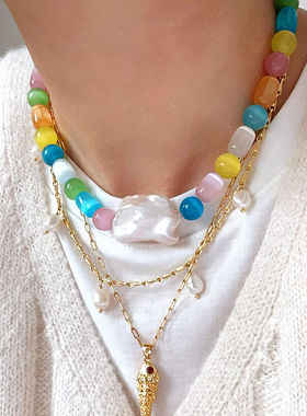 26年春夏彩色多巴胺猫眼石项链女清新甜天然巴洛克糖果色锁骨链