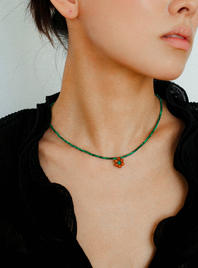 复古天然石檀香木花朵项链毛衣链