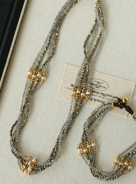 法式复古多层金矿石珍珠颈链手链