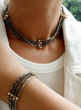 法式复古多层金矿石珍珠颈链手链