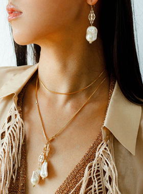 法式雕花天然巴洛克珍珠项链耳环