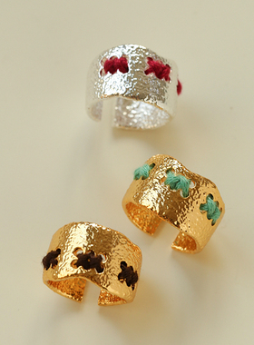 法式金属肌理穿线开口手镯戒指女