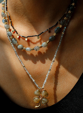 欧美ins月光石爱心四叶草项链