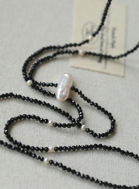 简约天然珍珠mini黑尖晶长款项链
