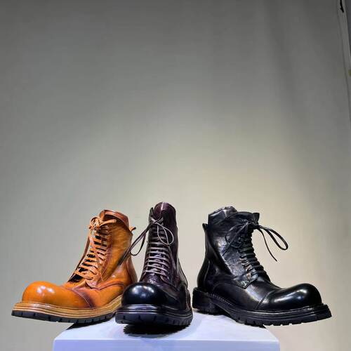 2024秋冬新款复古马皮马丁靴男真皮厚底增高短筒机车靴子高帮皮鞋 - 图3