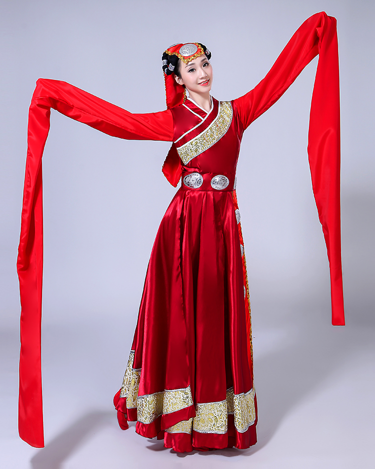 藏族舞蹈演出服装西藏长裙水袖藏袍少数民族服饰广场舞表演服蒙古 - 图2