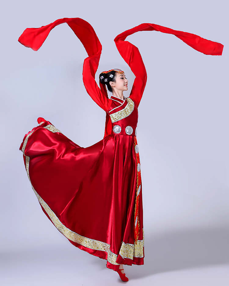 藏族舞蹈演出服装西藏长裙水袖藏袍少数民族服饰广场舞表演服蒙古 - 图1