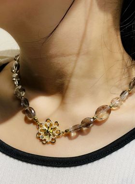 欧美复古山茶花透明水晶琉璃小香风项链女 ins风简约个性
