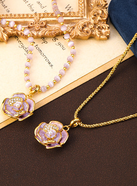 复古珐琅山茶花猫眼石串珠项链秋冬毛衣链轻奢小众高级感锁骨链