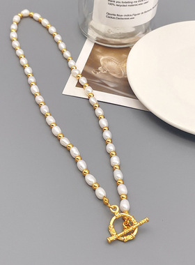 法式时尚淡水米粒珍珠黄铜镀18k真金OT扣复古气质设计锁骨链项链