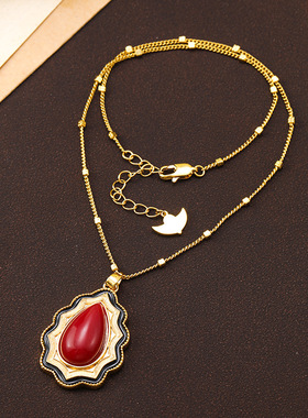 优雅复古宫廷风大气高雅设计天然石花型吊坠项链高级感长款颈链