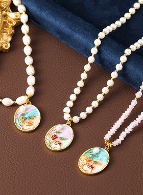 原创复古珐琅油画风天然珍珠项链高级感小众清新设计饰品项链