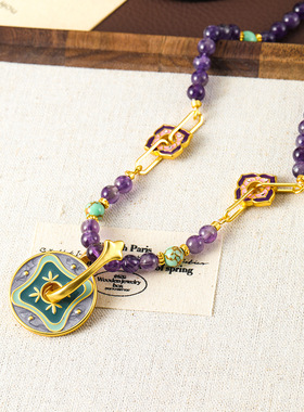 青岛原创新中式紫水晶串珠项链女百搭高级感复古花朵彩色锁骨链