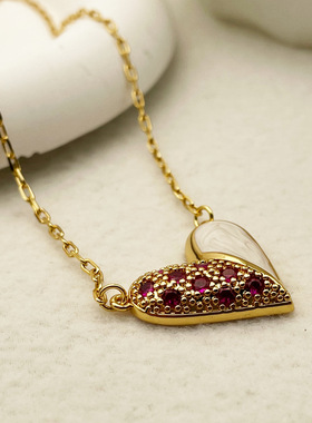 原创韩版小众设计甜美玫红锆石吊坠爱心项链女百搭ins颈链锁骨链