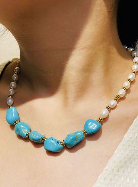 欧美复古小众设计感绿松石珍珠项链 天然淡水珍珠串珠项链女颈链