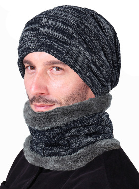 Men Winter Knit Hat cap + scarf warm Shawl Neck Wrap sets