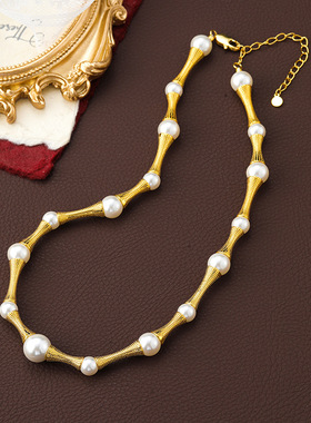 原创复古小蛮腰竹节珍珠项链女秋冬高级感choker项链小众轻