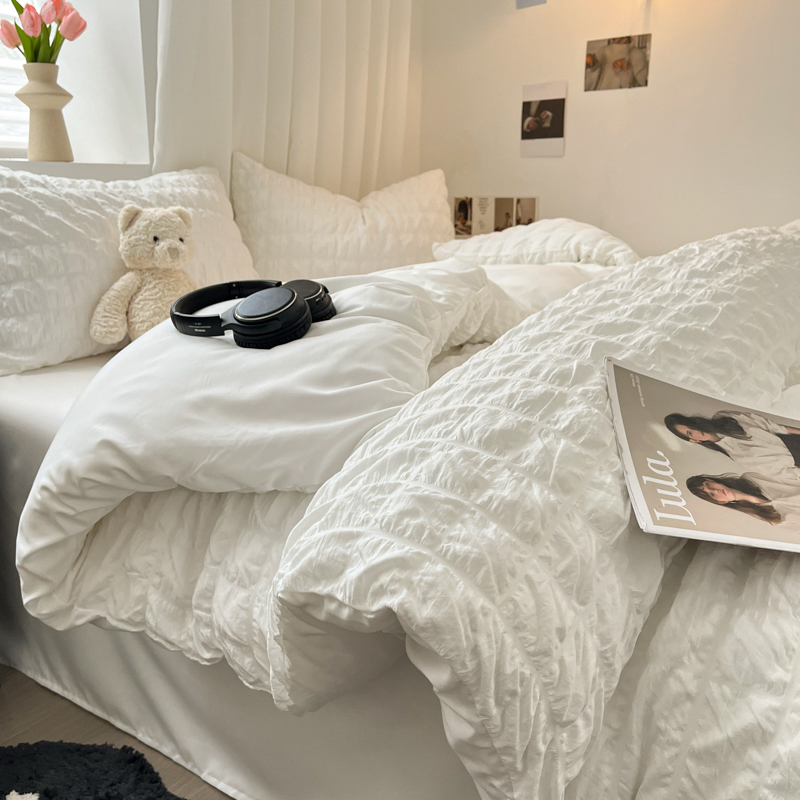 韩式风纯白色少女心水洗棉被套床上用品四件套纯色床单宿舍三件套