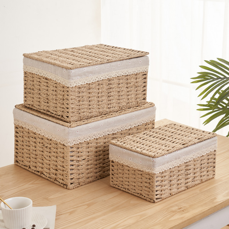 桌面编织收纳筐带盖家用大号仿藤编收纳箱杂物零食玩具草编整理箱 - 图0