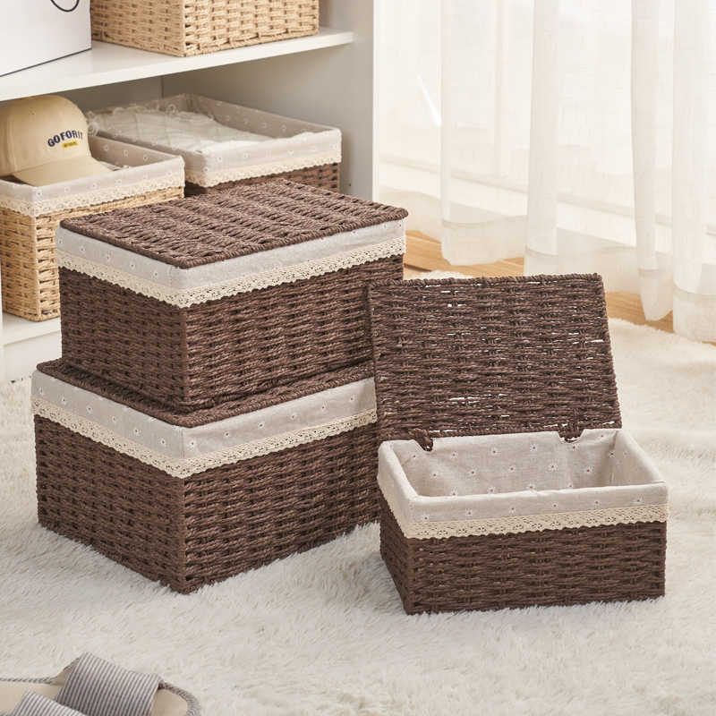 桌面编织收纳筐带盖家用大号仿藤编收纳箱杂物零食玩具草编整理箱 - 图2