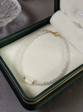 黑白色猫咪14K金手链可调节天然水晶小珍珠黑尖晶日系小众饰品