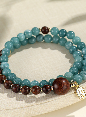 新中式蓝玉髓金丝檀木串珠男女双圈手链民族风大吉大利绿檀手串