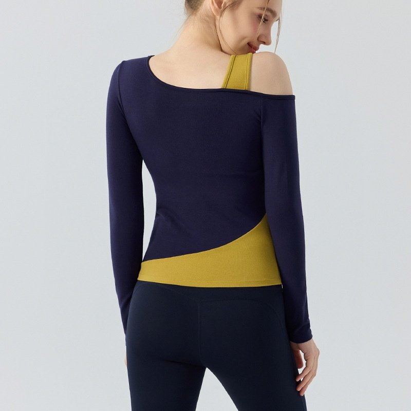 瑜伽服长袖t恤带胸垫 撞色假两件露肩运动上衣普拉提训练健身服女,淘宝优惠券,粉丝福利购,淘宝优惠卷