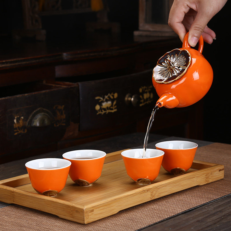 柿柿如意功夫茶具礼盒套装家用陶瓷柿子茶叶罐创意小礼品定制logo