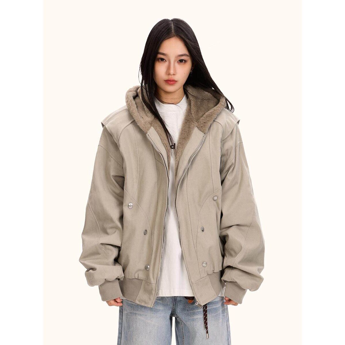 座山雕连帽加绒夹克外套男女款宽松美式cleanfit工装棉服秋冬保暖 - 图1