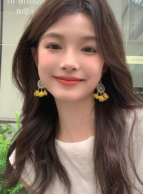 奶甜家度假风黄色花朵耳夹显脸小