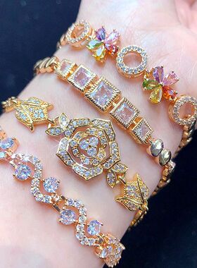 重工满钻微镶锆石欧美风个性手链高级感轻奢闪钻金色几何时尚手饰