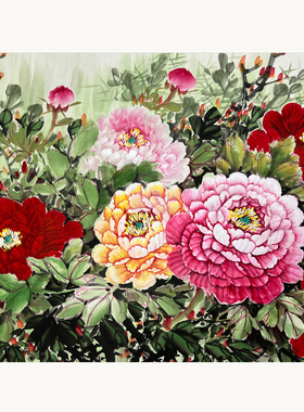 仓硕手绘牡丹花鸟国画已裱锦片