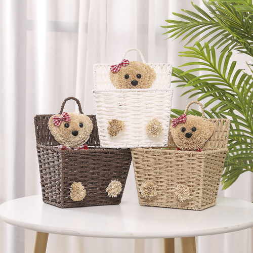 客厅悬挂式收纳篮挂篮宿舍杂物钥匙草编收纳筐简约创意收纳盒挂墙 - 图0