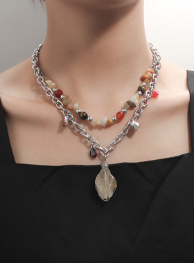 叠戴天然虎石水晶串珠项链女金属