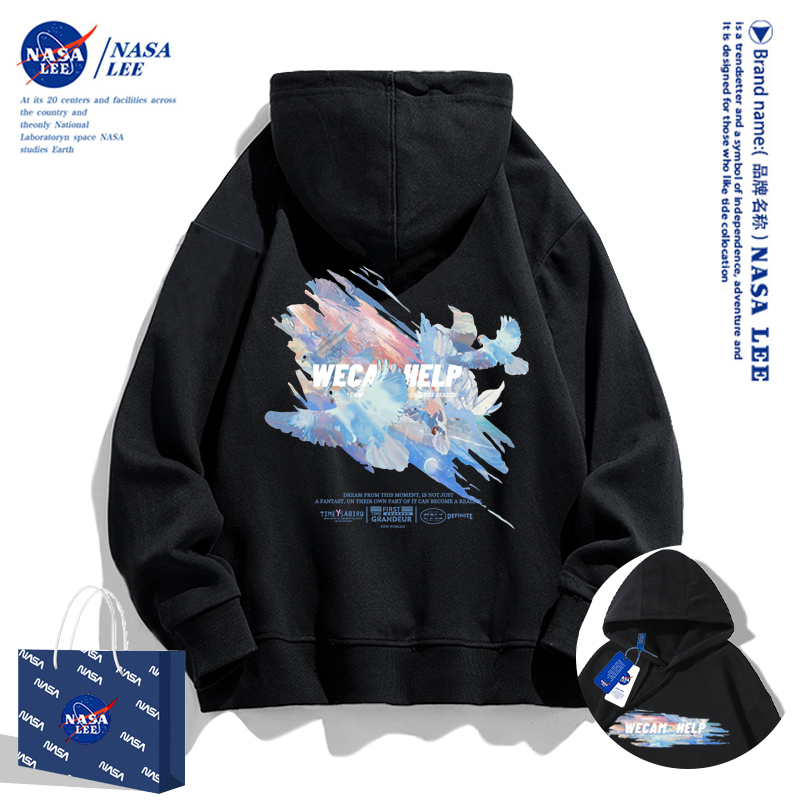 NASA联名潮流涂鸦和平鸽连帽卫衣男女2024秋冬季新款美式高级外套-图0