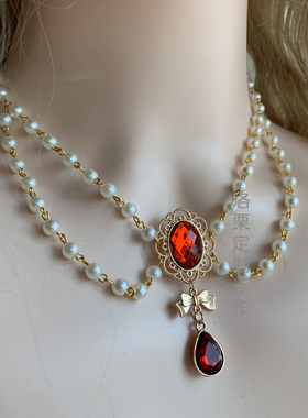 复古珍珠红宝石水滴短款锁骨链