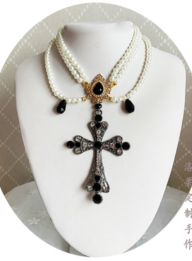 哥特风黑色十字架流苏镶嵌项链