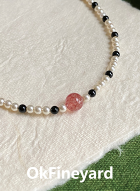 OkFineyard天然黑玛瑙珍珠项链女小众设计串珠锁骨颈链秋冬毛衣链