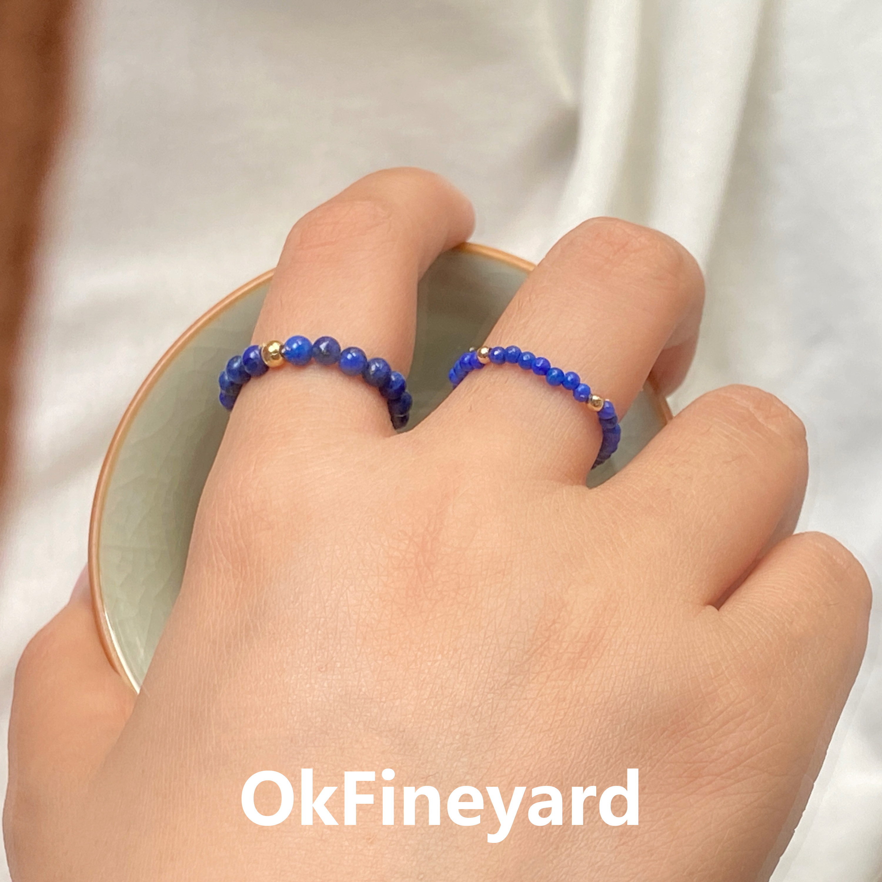 OkFineyard natural lapis lazuli beaded ring women's niche design plain ring tail ring white high-end index finger ring
