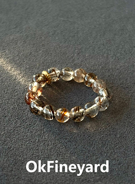 OkFineyard天然黑金超七戒指女小众设计招财旺财水晶串珠弹力指环