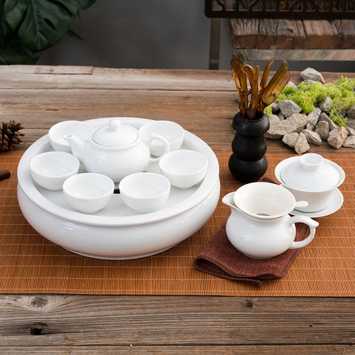 家用纯白功夫陶瓷茶具套装带盖碗茶壶圆形茶船储水茶盘组合 - 图0