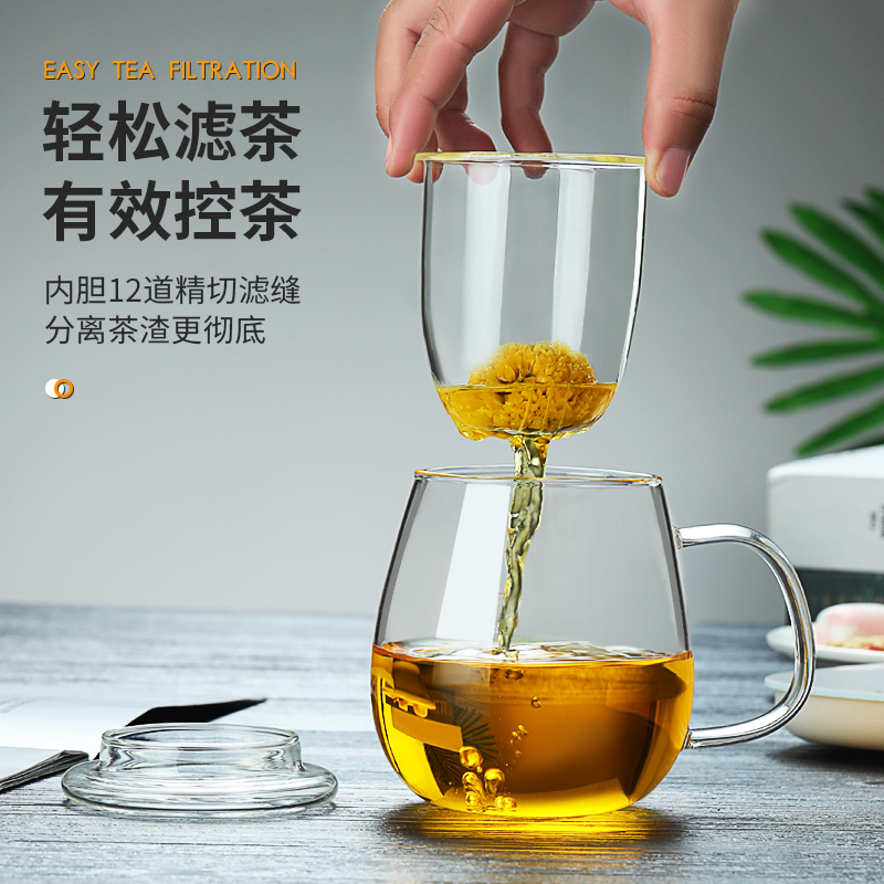 加厚耐热玻璃杯水杯子办公室女带盖花茶杯带把过滤茶水分离泡茶杯-图2