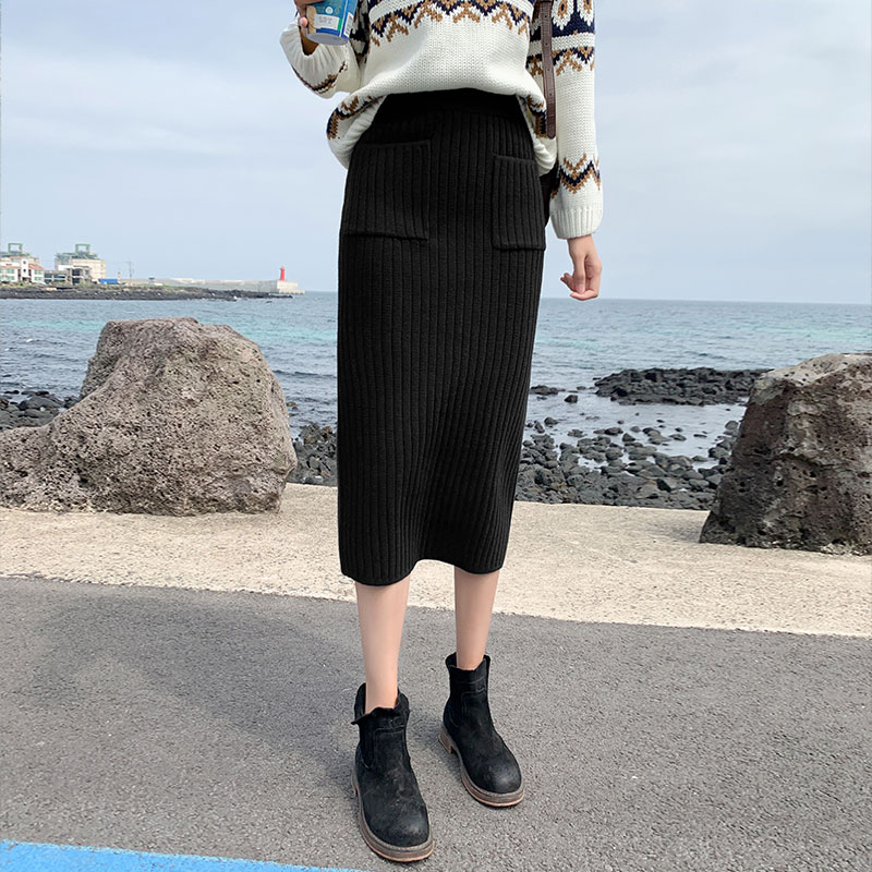 雅羊人旗舰店针织半身裙女新款毛线中长款春秋冬季直筒显瘦包臀黑色冬裙子0