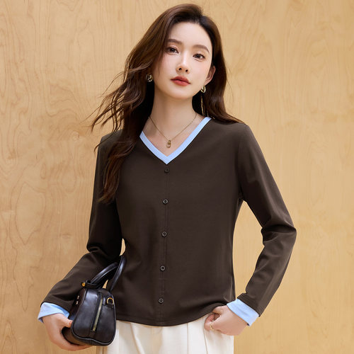 正肩v领长袖t恤女士2026新款春秋爆款高端女装洋气内搭上衣打底衫 - 图1
