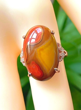 天然原石原色南红戒指战国红戒指戒面活口日常礼物饰品女简约爪镶