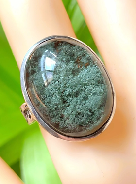 天然水晶戒指巴西绿幽灵戒指指环手工银包全净半盆无杂无裂礼物女