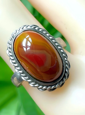 天然原石原色南红玛瑙戒指战国红戒指戒面纹路好手工银包生日礼物