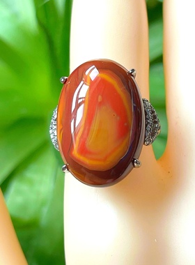 天然原石原色南红玛瑙戒指战国红戒指戒面活口银包生日礼物饰品女