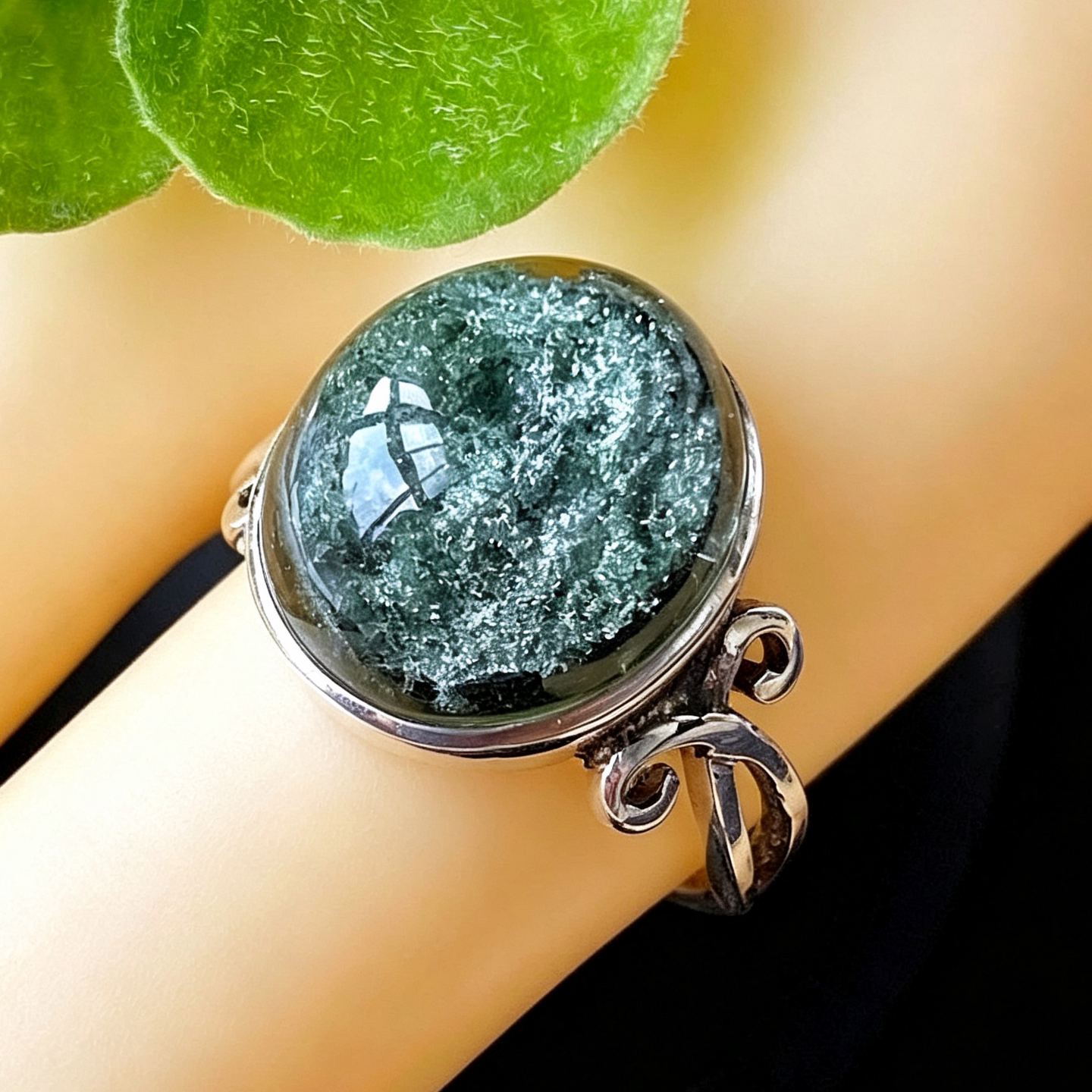 Natural crystal ring green ghost ring Brazilian green ghost ring silver package closed mouth purification cornucopia gift for women